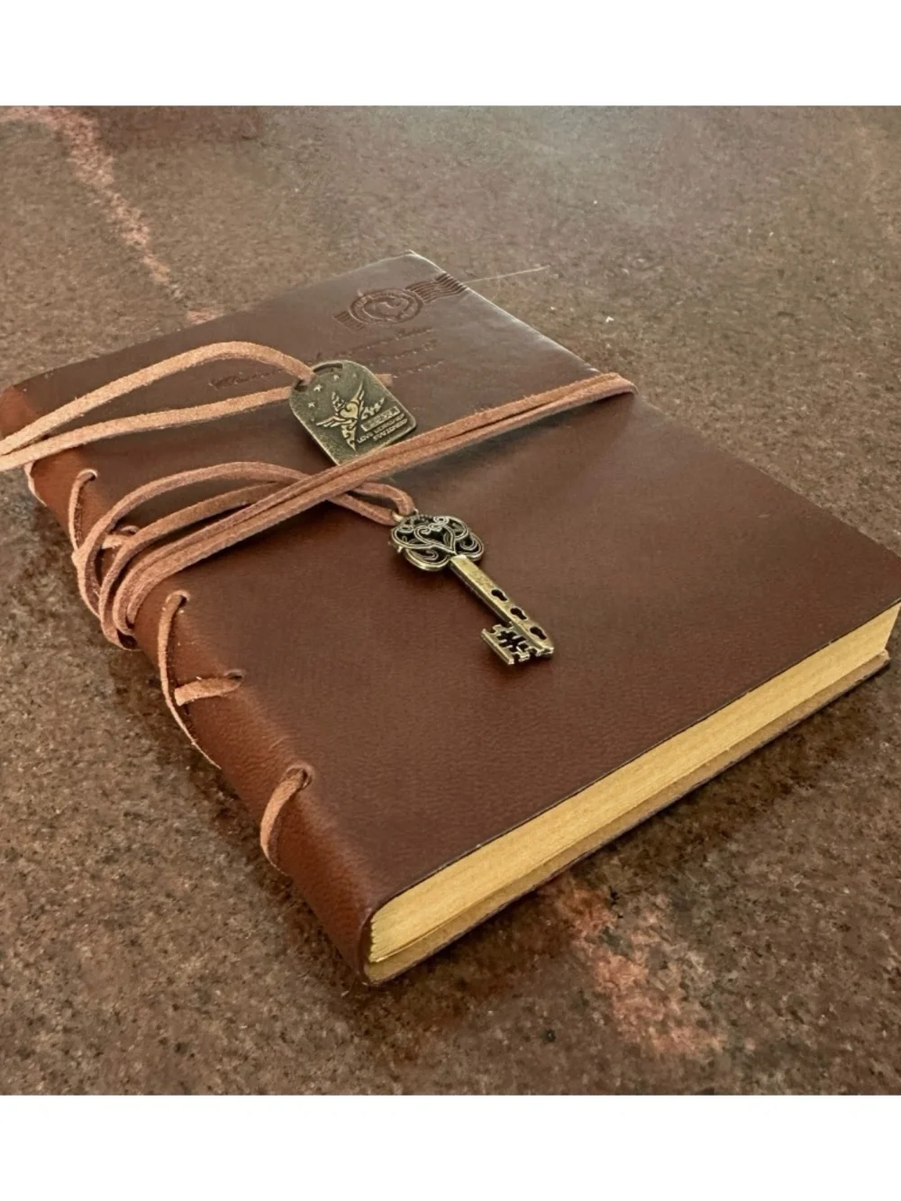 Vintage Inspired Brown Faux Leather Log Notebook Journal 4”x 5.5” w/Strap & Key